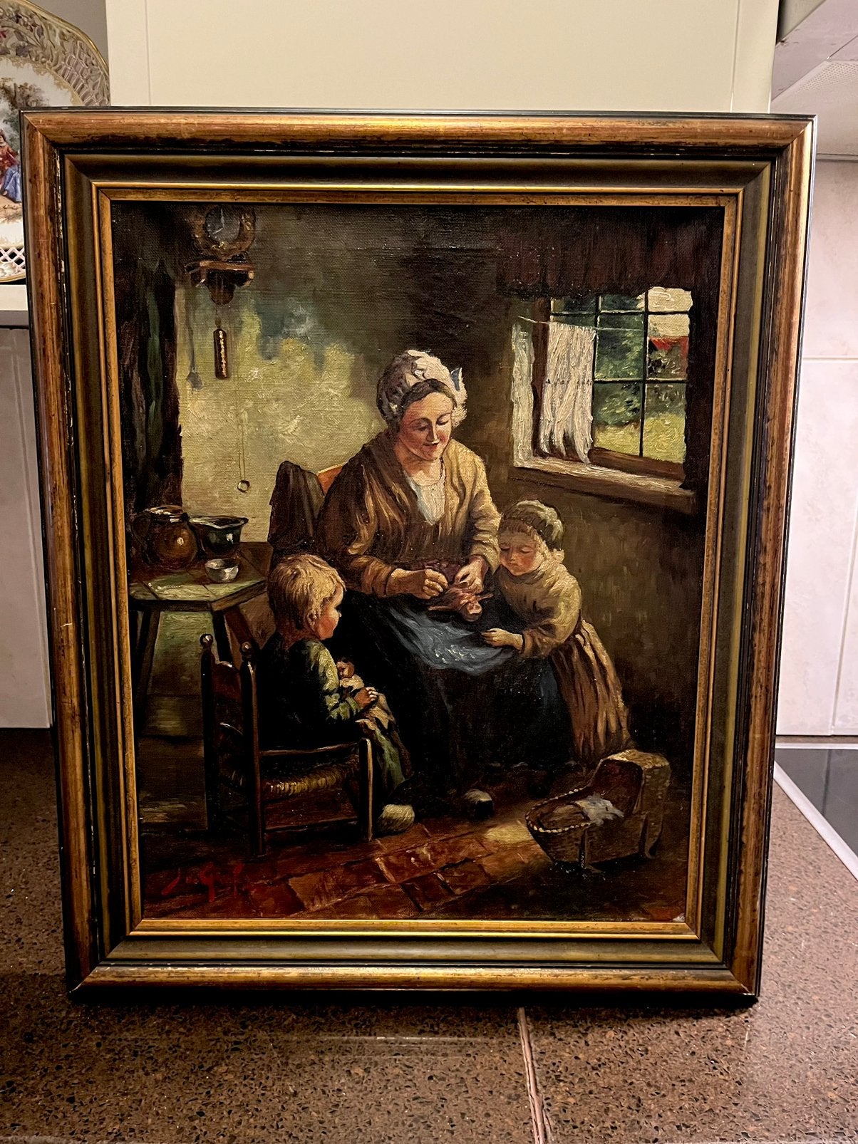 Antiek olieverf boerin met kinderen schilderij, Ophalen