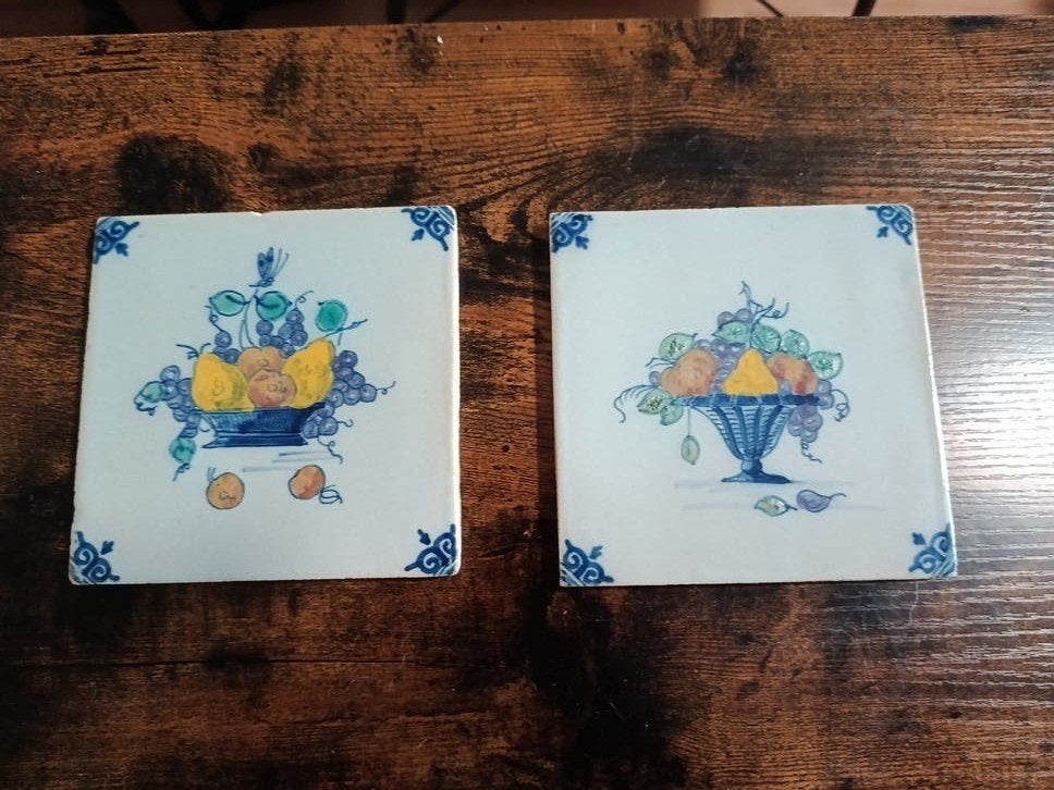 Set van 2 Delfts blauwe tegels met fruitmand decoratie, Ophalen of Verzenden