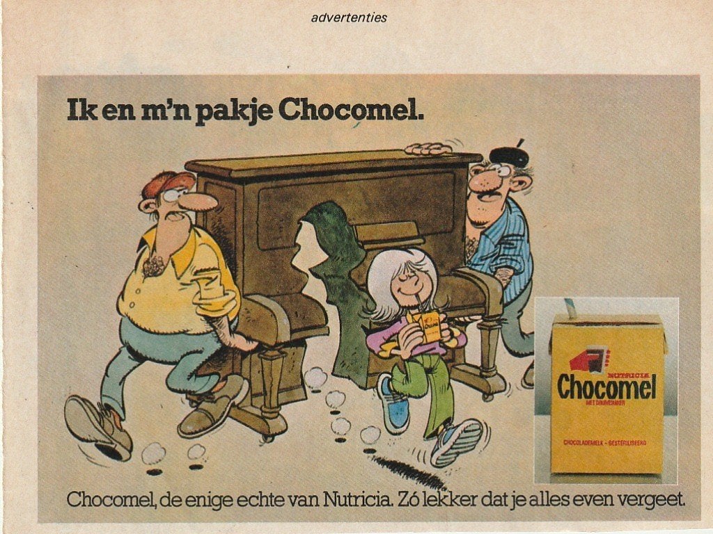 retro reclame 1979 Nutricia Chocomel stripfiguur piano, Verzenden, Overige typen