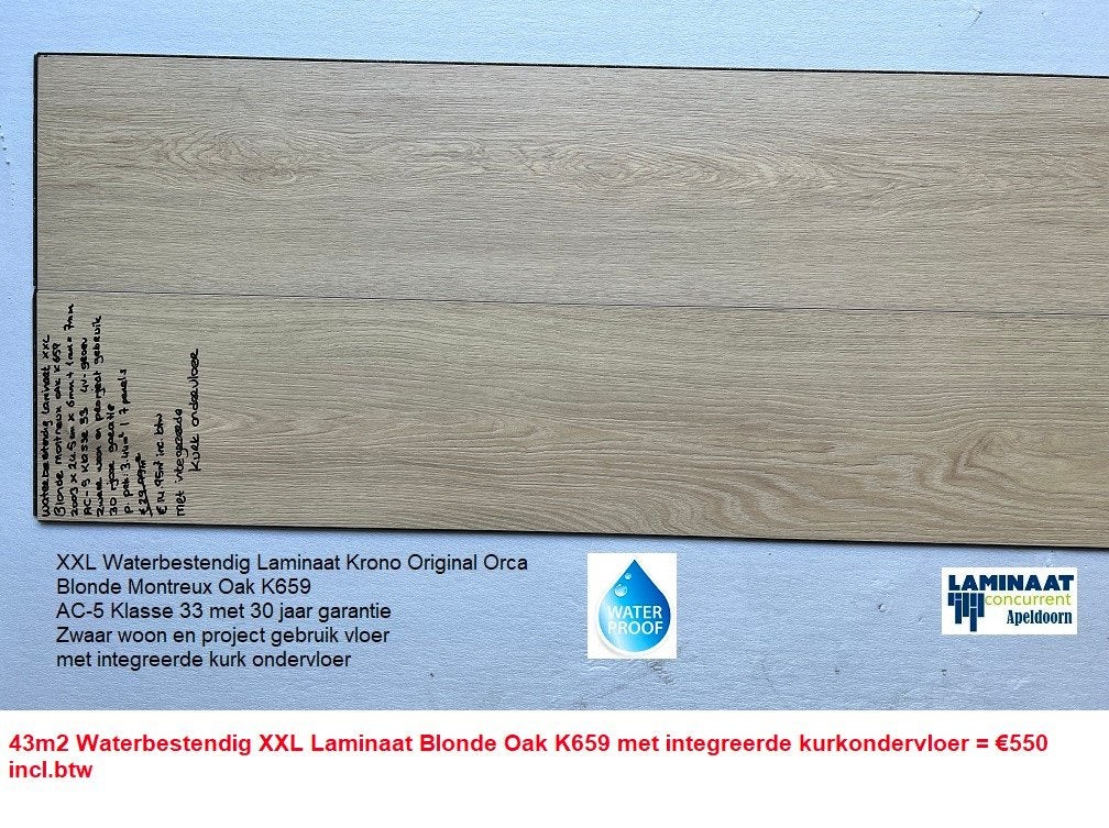 43m2 Waterbestendig Laminaat Blonde Oak met kurk ondervloer, Crème, Nieuw, Ophalen of Verzenden, 25 tot 50 m²
