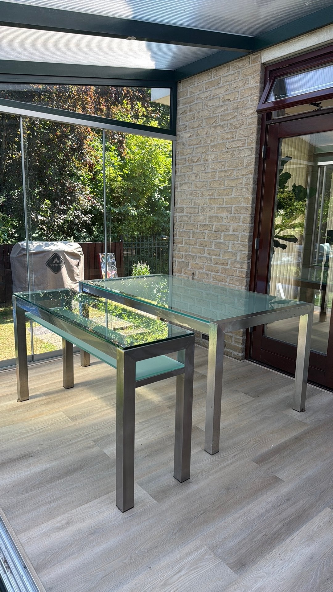 Moet nu weg! Gratis afhalen! Glazen eettafel en sidetable, Ophalen, 100 tot 150 cm, 50 tot 100 cm, Rechthoekig