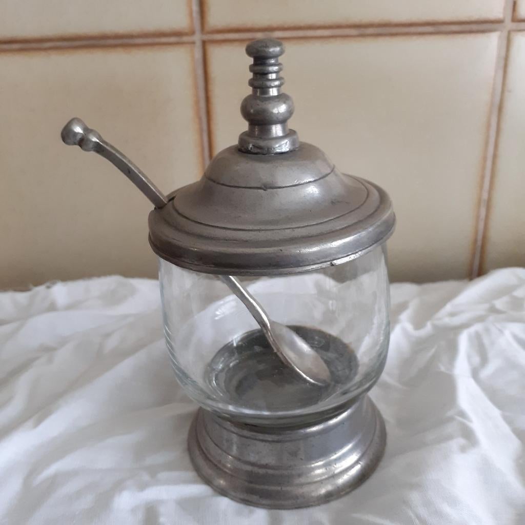 Antieke tinnen suikerpot met lepel, Ophalen of Verzenden