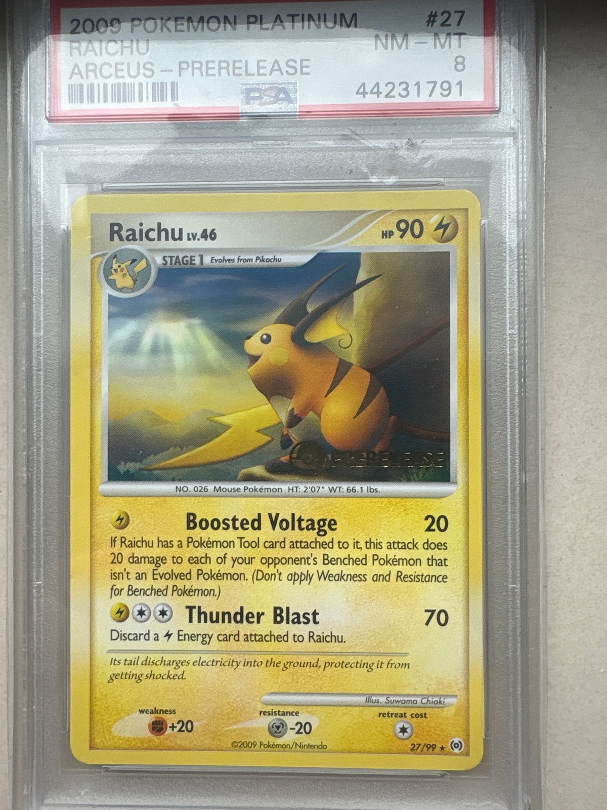 Raichu Lv.46 Platinum Arceus Prerelease PSA 8 Pokémon Kaart, Ophalen of Verzenden, Zo goed als nieuw, Losse kaart
