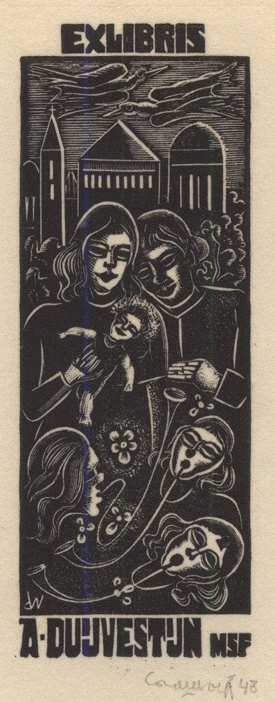 0395 Ex Libris Nederland : Cor de Wolff, 1948, Antiek en Kunst, Kunst | Etsen en Gravures, Verzenden, Ex libris