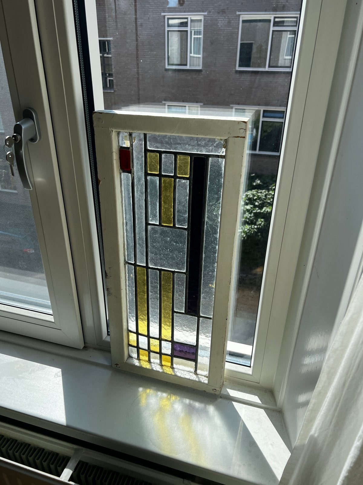 Vintage glas-in-lood raamhanger met geometrisch patroon, Ophalen
