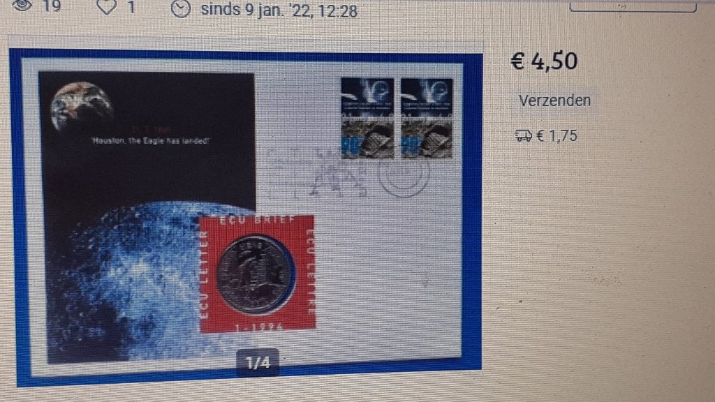 Ecu brief de Maanlanding met een penning, Ophalen of Verzenden, Overige materialen, Buitenland