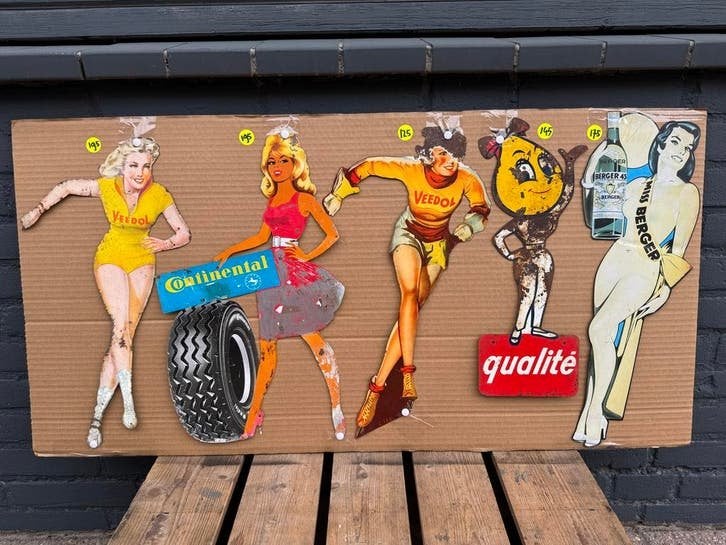 Vintage Reclamebord: Veedol, Continental, Miss Berger, Verzamelen, Reclamebord, Gebruikt, ., Ophalen of Verzenden