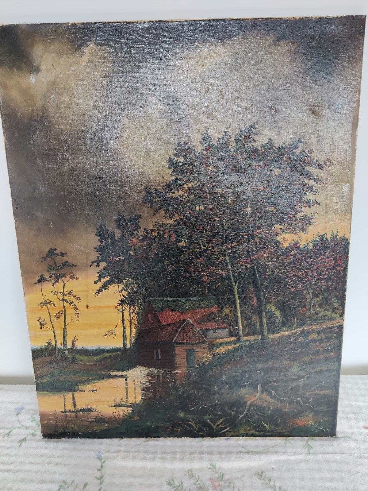 Groot Antiek Olieverf Schilderij Boerderij Landschap, Doek, Ophalen of Verzenden, Landschap, Olieverf