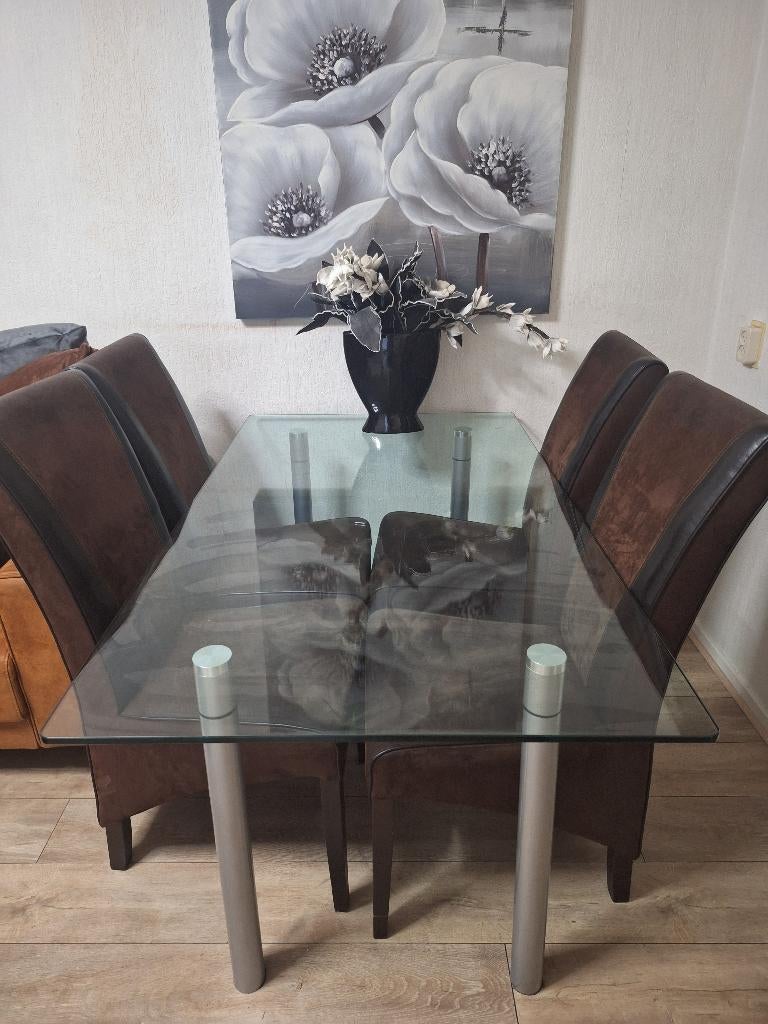 Glazen tafel inclusief stoelen, Ophalen, 50 tot 100 cm, 150 tot 200 cm, Vier personen