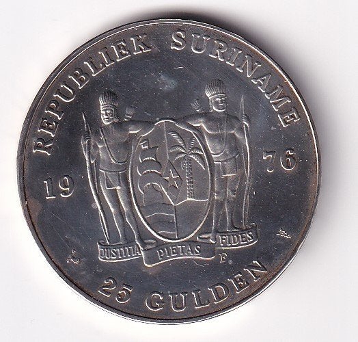 Suriname 25 Gulden 1976 F met Patina, Verzenden, Overige landen, Losse munt, Zilver