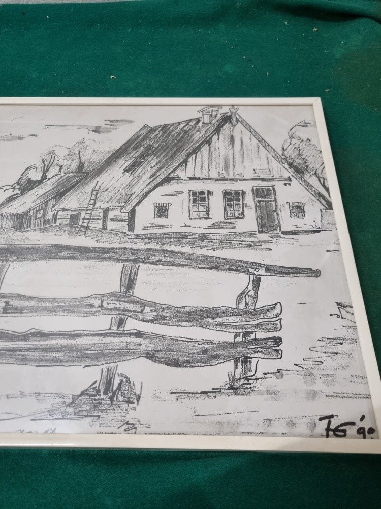 schilderij tekening houtskool boerderij tg'90, Ophalen of Verzenden, 'T Olde Gre-j, Info@toldegrej.nl, Endepoelstraat 20f Didam
