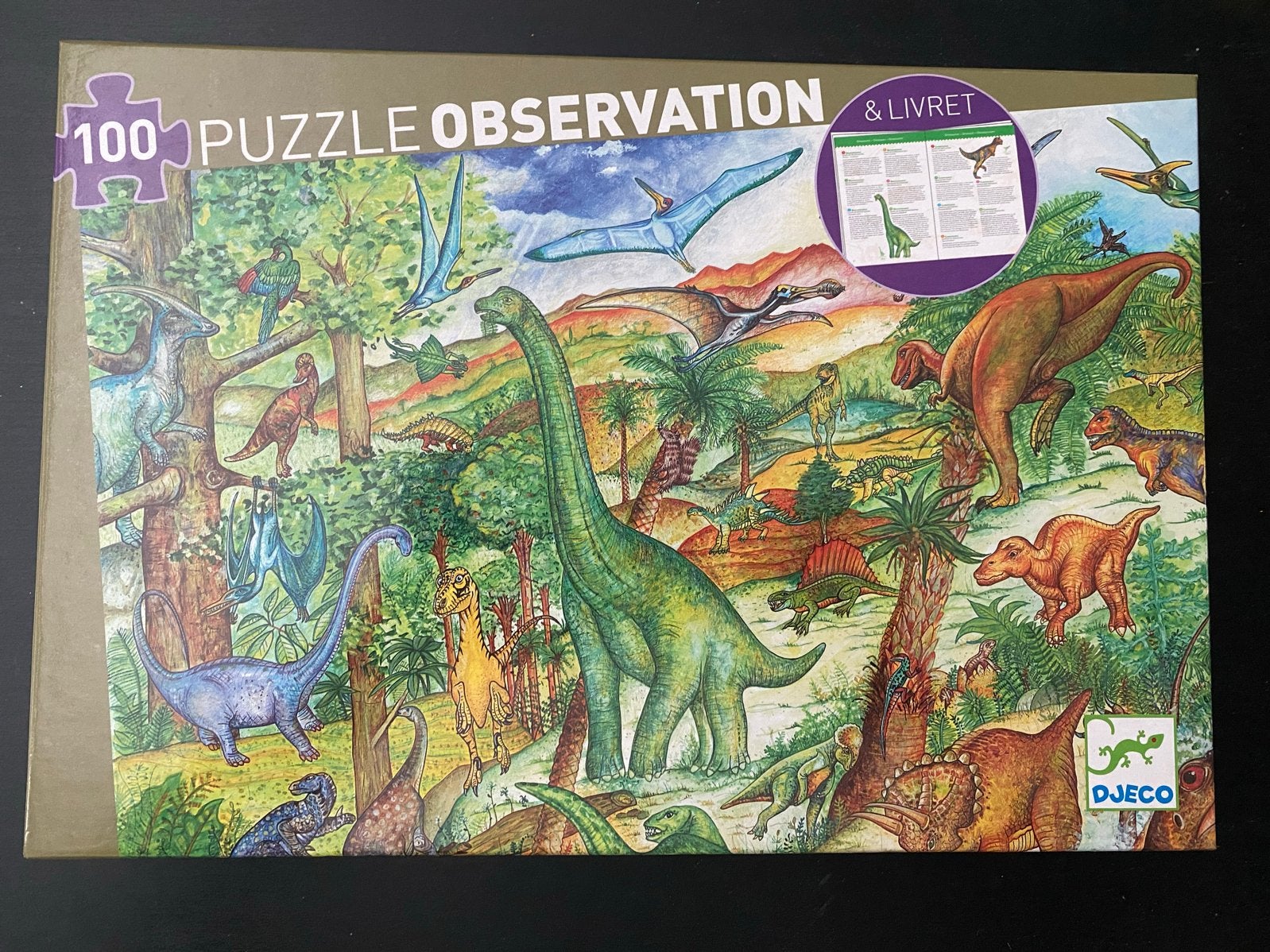 Djeco Observatiepuzzel Dinosaurus 100 stukjes met poster en, Ophalen of Verzenden, Meer dan 50 stukjes, Zo goed als nieuw, 6 jaar of ouder