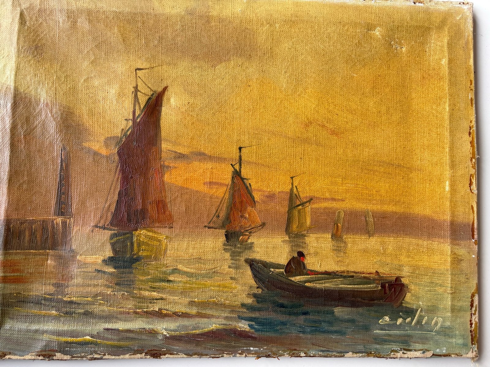 Maritiem schilderij: boten bij zonsondergang, gesigneerd, Maritiem / water, Doek, Realistisch, Ophalen of Verzenden