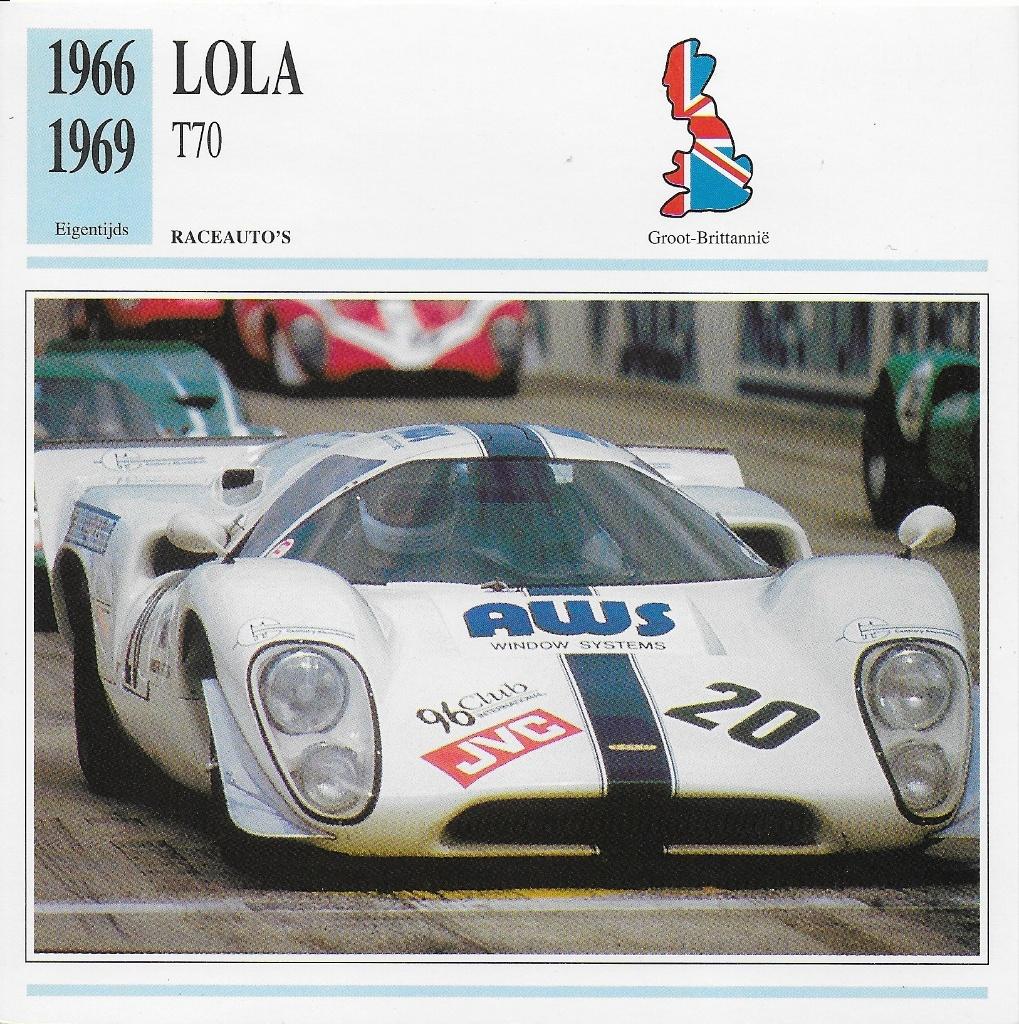 Ma633 autokaart raceauto lola t70 ( 1966 - 1969 ), Ophalen of Verzenden, Zo goed als nieuw, Auto's