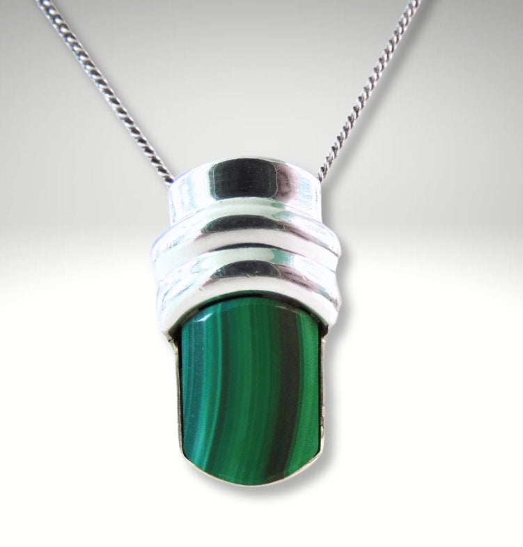 Fins design KAUNIS KORU 925 zilver malachiet hanger 1979!, Verzenden, Zo goed als nieuw, X, Met edelsteen