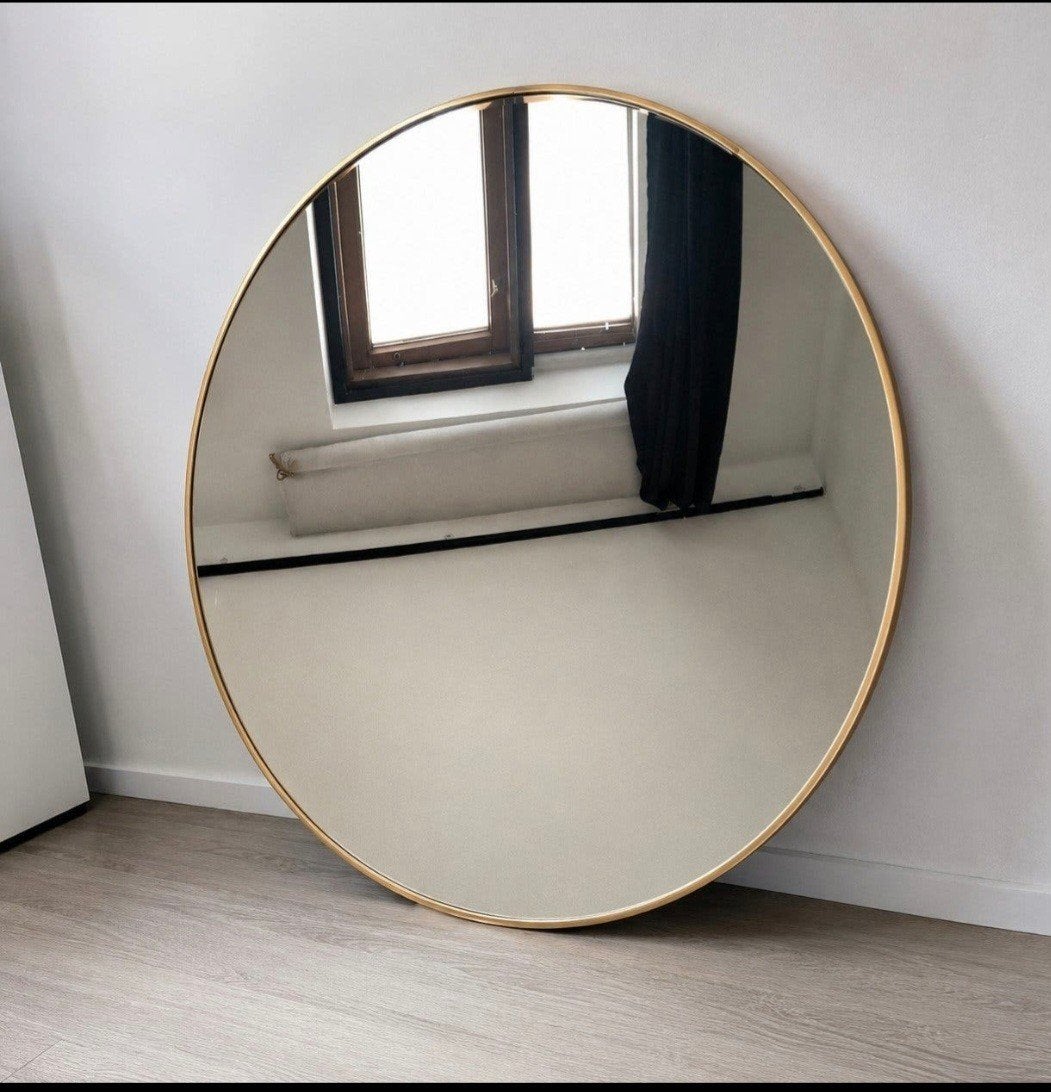 Grote ronde spiegel met gouden rand - 100 cm, Ophalen, Rond, Zo goed als nieuw, 75 tot 100 cm