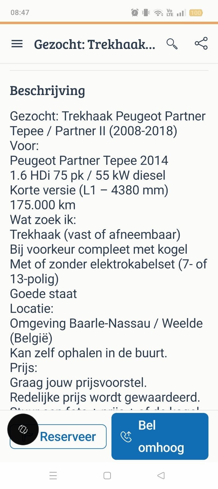 Gezocht: Trekhaak Peugeot Partner Tepee / Partner II (2014), Auto-onderdelen, Trekhaken, Ophalen