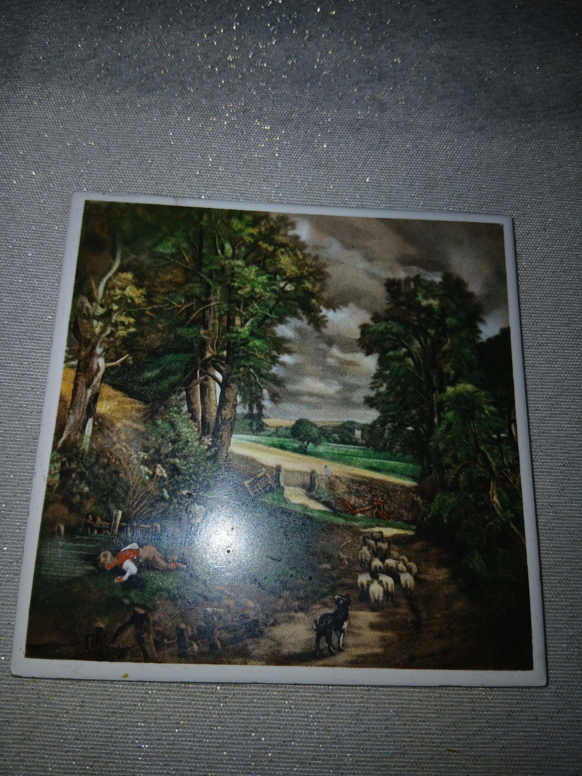Vintage Mettlach tegel met landschap en schapen, Antiek en Kunst, Ophalen of Verzenden