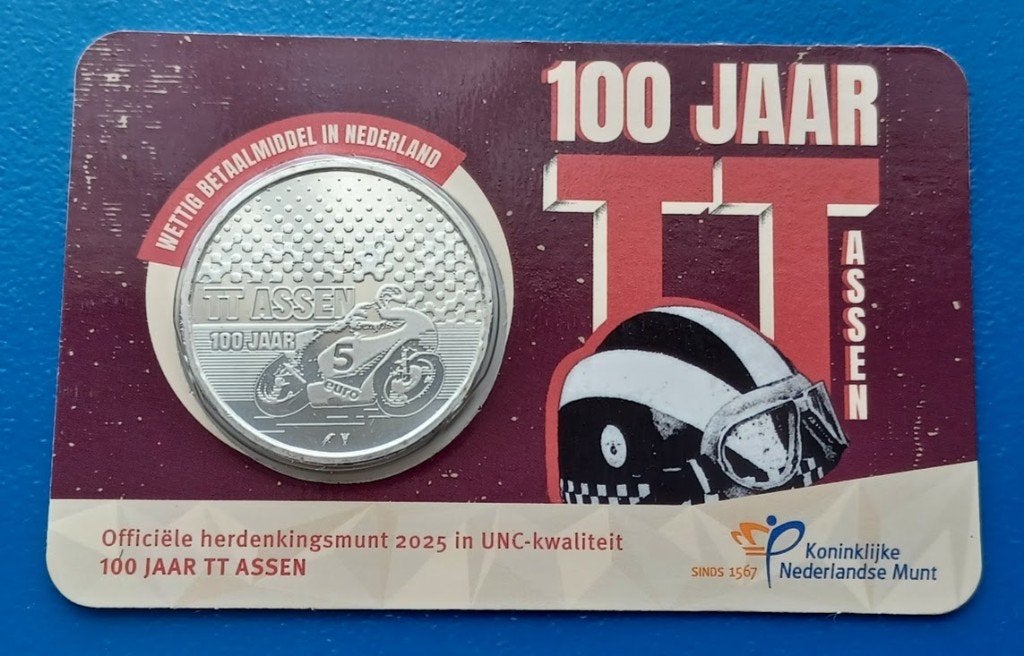 100 jaar TT Assen Vijfje 2025 UNC coincard, Ophalen of Verzenden, Koningin Beatrix, Euro's, Setje