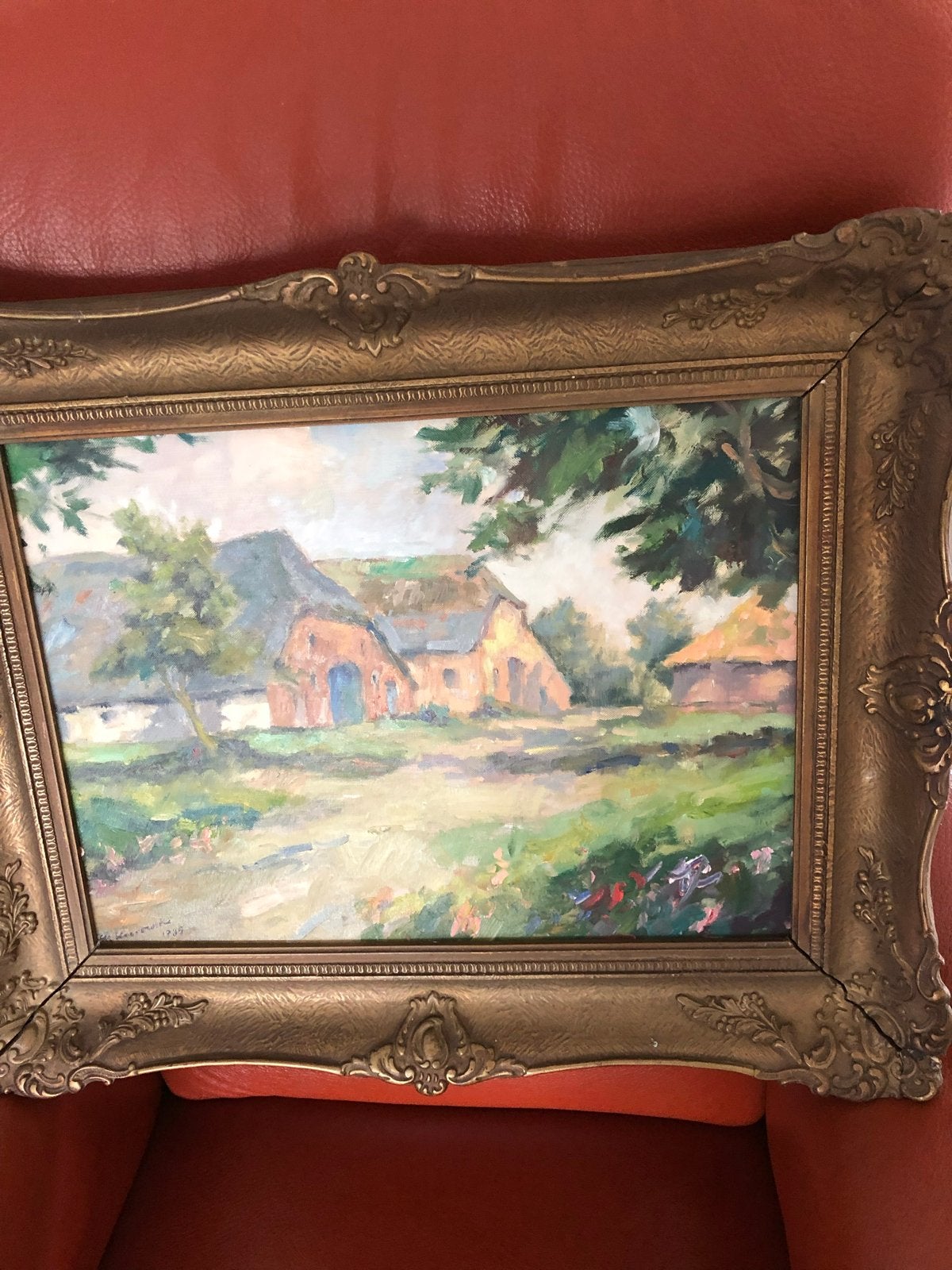Marouffle met antieke lijst - Boerderijlandschap 1935, Overige ondergronden, Bijzondere lijst, Ophalen of Verzenden, Landschap
