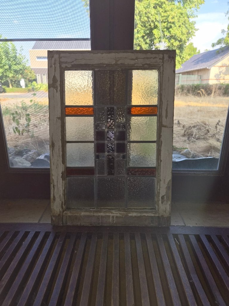 Art Deco Glas-in-loodraam 1930 Amsterdamse School Artikel 3, 56 cm, Meerkleurig, Handgemaakt, Ophalen