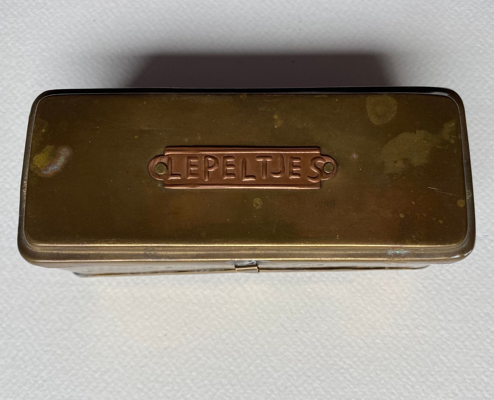 2 x Antiek Messing lepeldoosje met stoffen binnenzijde pr.st, Ophalen of Verzenden