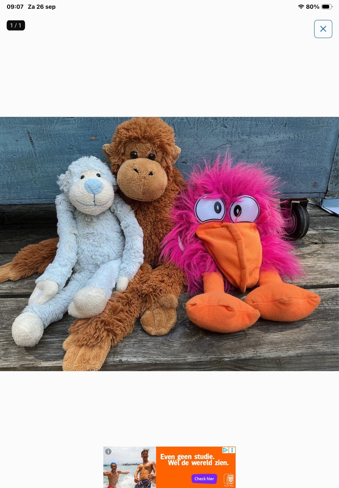 Leuke knuffels: aap, schaap en roze vogel, Gebruikt, Ophalen of Verzenden, Middelgroot (20 tot 80 cm), Bruin