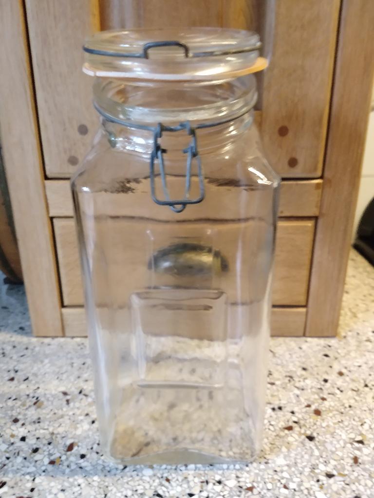 Stopfles apothekersfles vierkant met vast deksel hoogte 35 c, Voorraadpot, Ophalen of Verzenden, Gebruikt, Glas