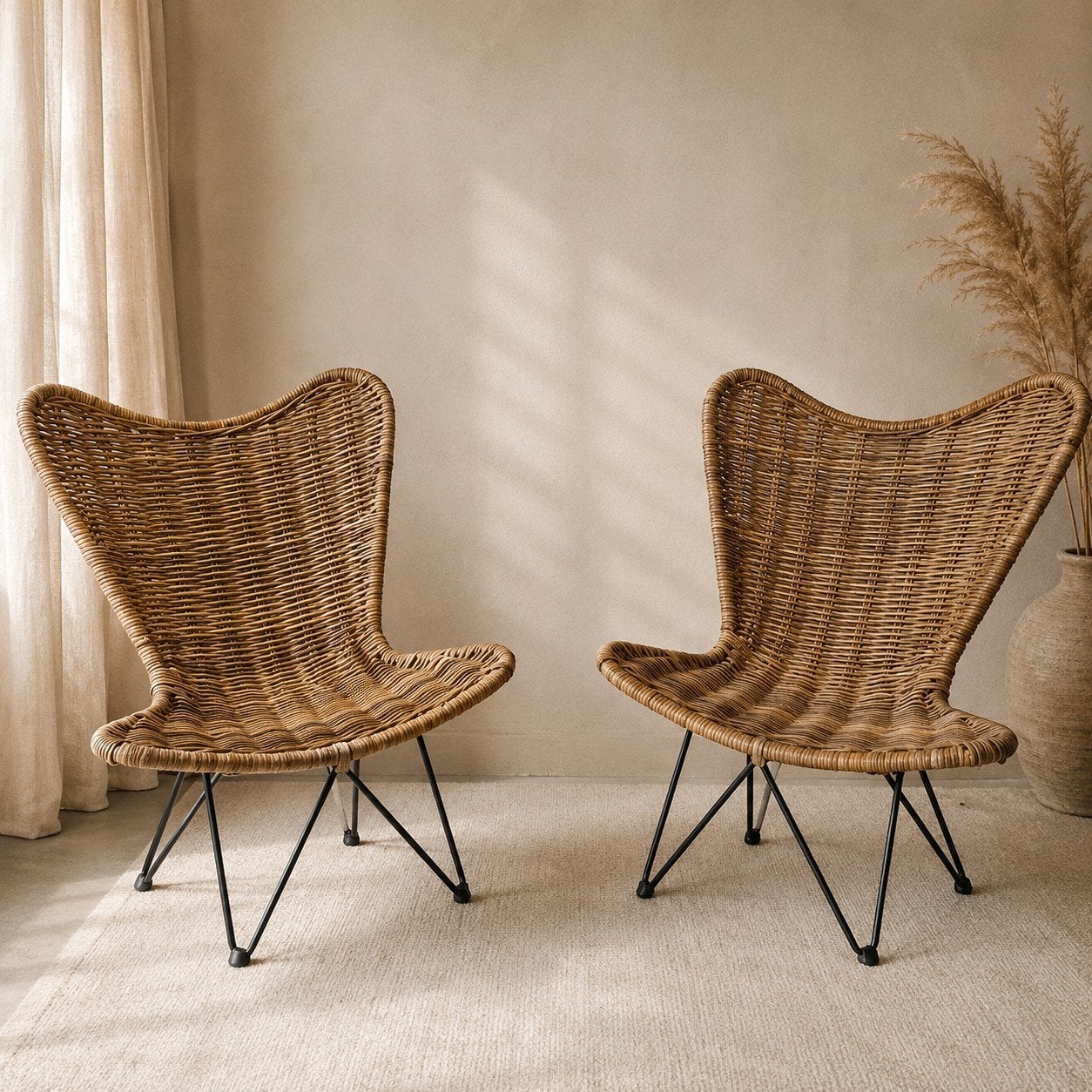 Set van 2 rotan vlinderstoelen, Bohemian, Modern, Natuurlijk, Twee, Bruin, Ophalen of Verzenden