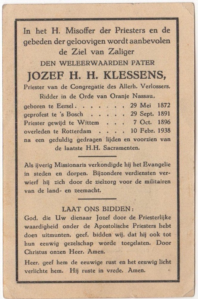 pater Jozef Klessens 1872 Eersel + 1938 Rotterdam, 75 jaar, Verzenden
