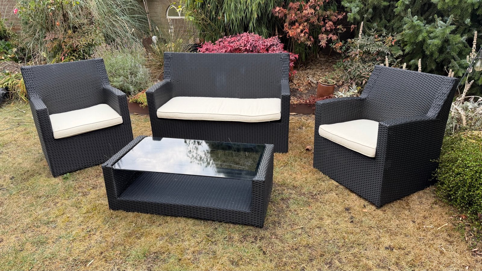 Wicker Loungeset met 2 fauteuils, bank en salontafel, Ophalen, 4 zitplaatsen, Gebruikt, Loungeset