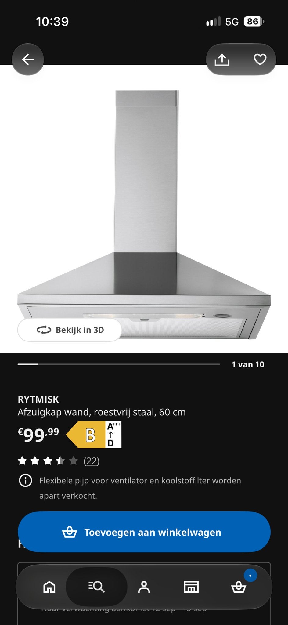 IKEA RYTMIK Afzuigkap Wand Roestvrij Staal 60 cm, Ophalen, Gebruikt, Wandschouwkap, Vrijstaand