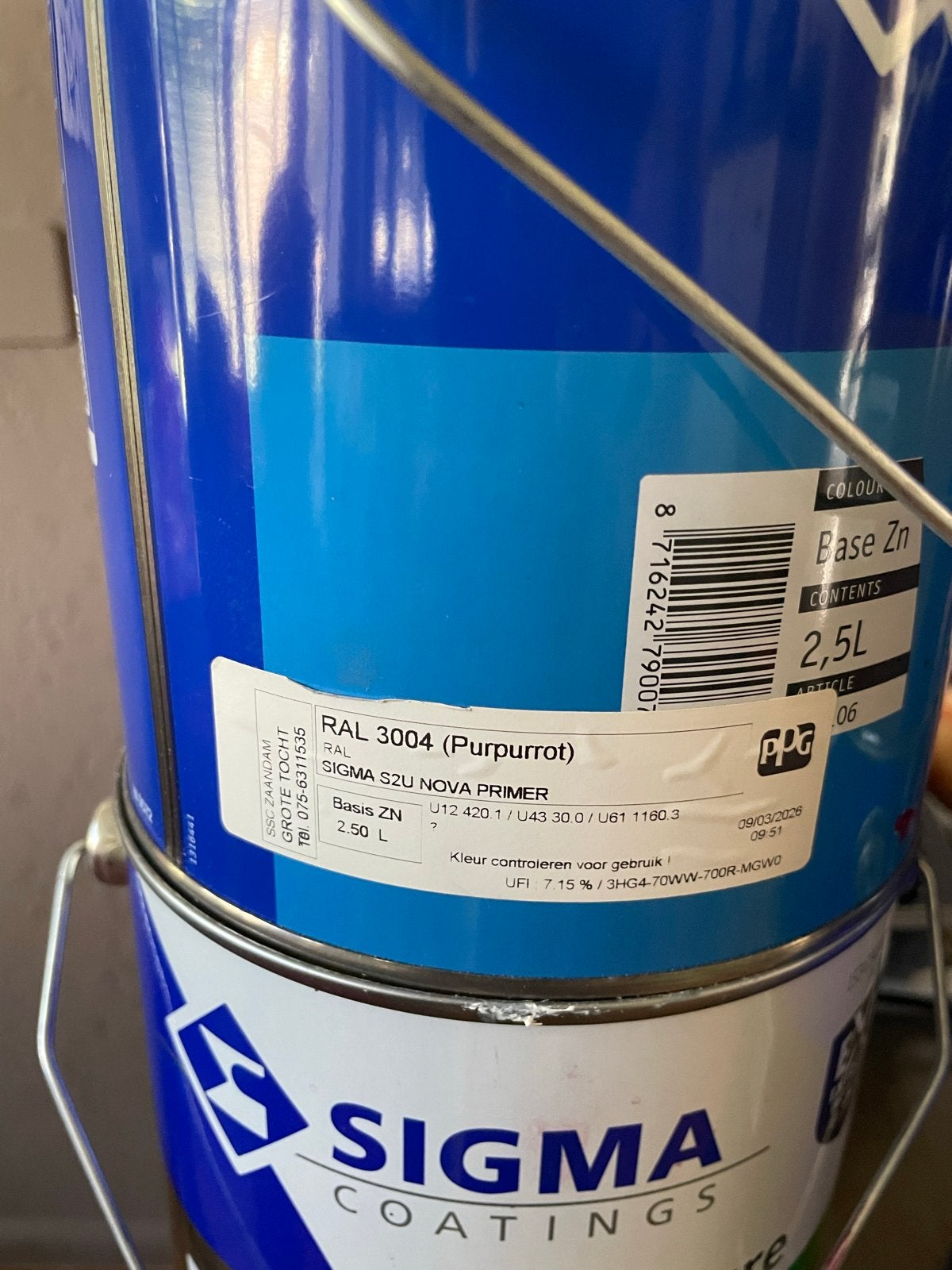 Sigma S2U Nova Primer RAL 3004 (Purpurrot) 2.5L, Doe-het-zelf en Verbouw, Verf, Beits en Lak, Paars, Nieuw, Ophalen of Verzenden