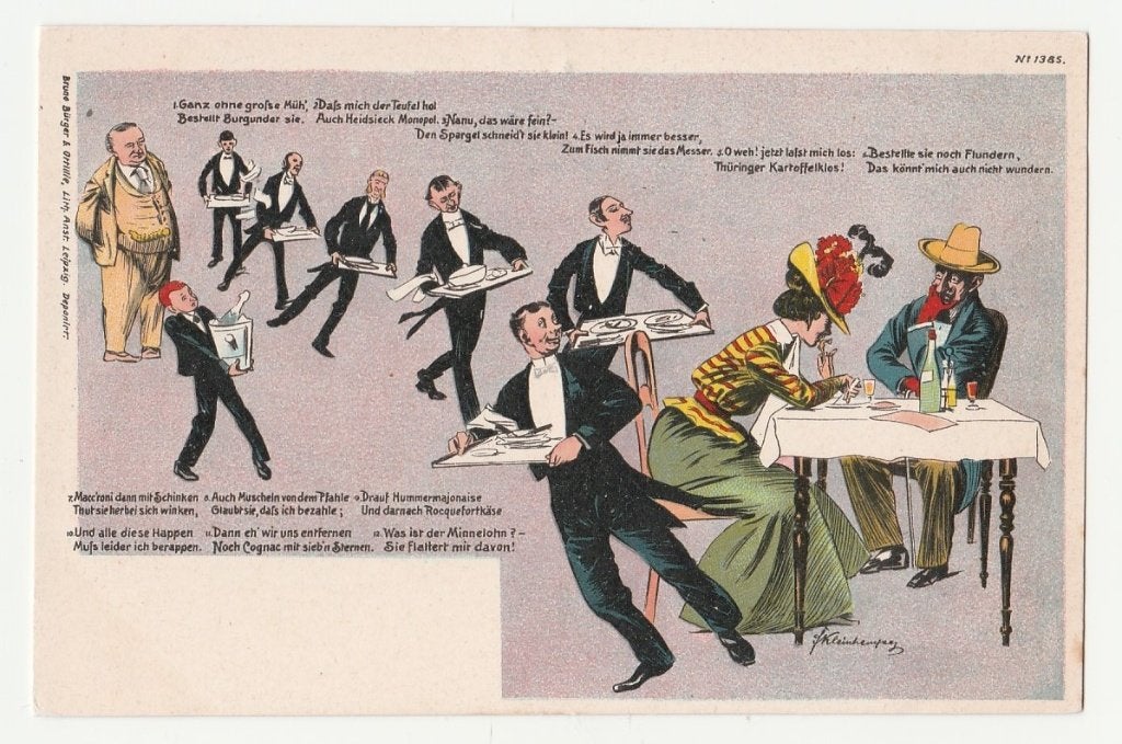 Obers in een restaurant.  Illustrateurs.  Zeer oude kaart., Verzenden, Voor 1920, Ongelopen, Overige thema's