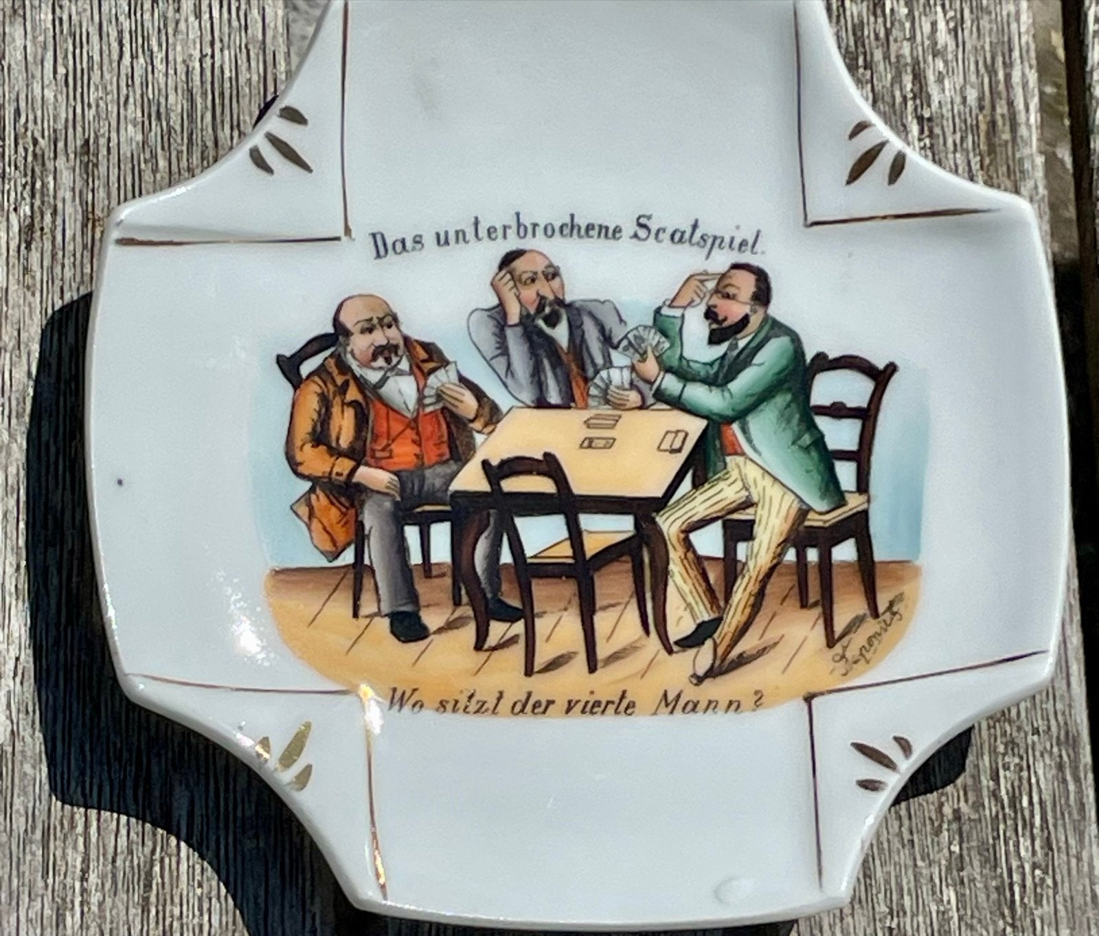 Antieke porseleinen asbak met Scatspel-afbeelding, Ophalen of Verzenden