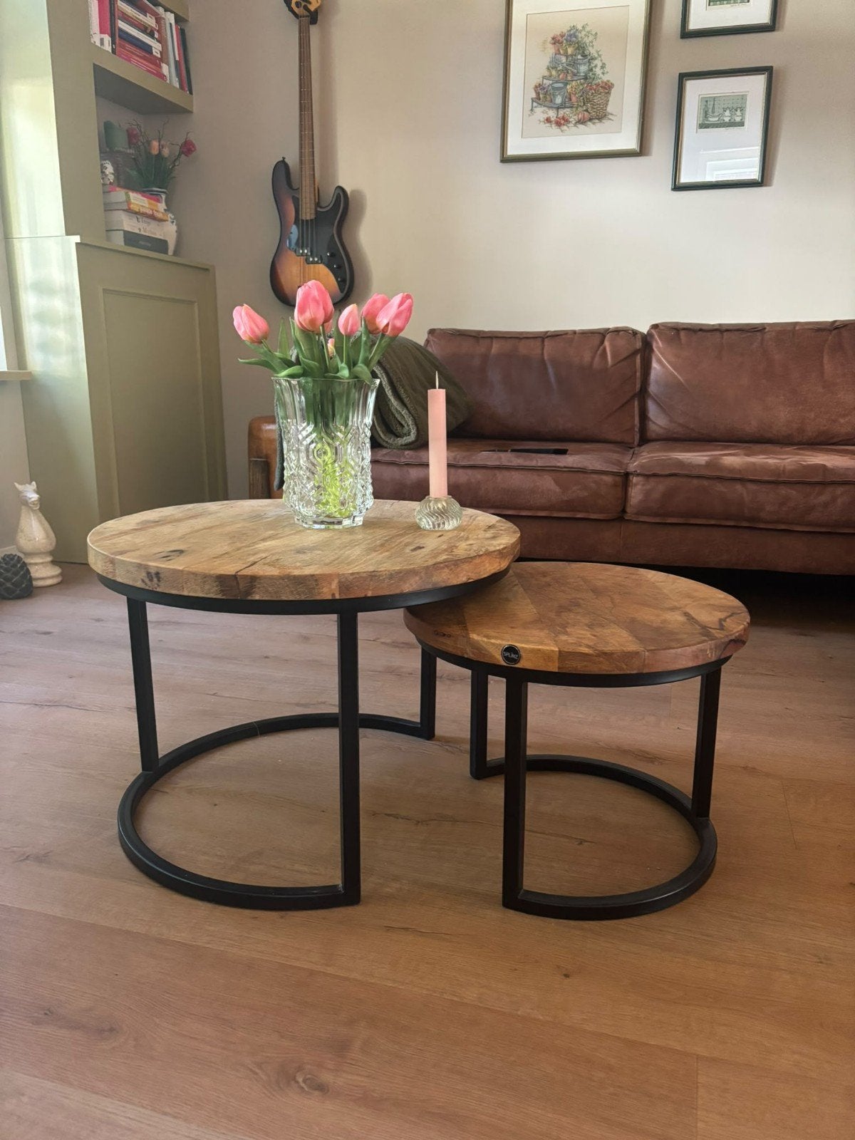 Set van 2 ronde salontafels - Mangohout en Metaal, Huis en Inrichting, Ophalen, 50 tot 100 cm, Rond, 50 tot 100 cm