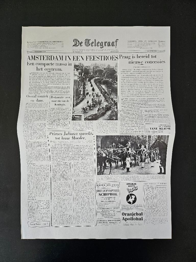 afdruk van historische voorpagina Telegraaf van 6-9-1938, Ophalen of Verzenden, 1920 tot 1940, Nederland, Knipsel(s)