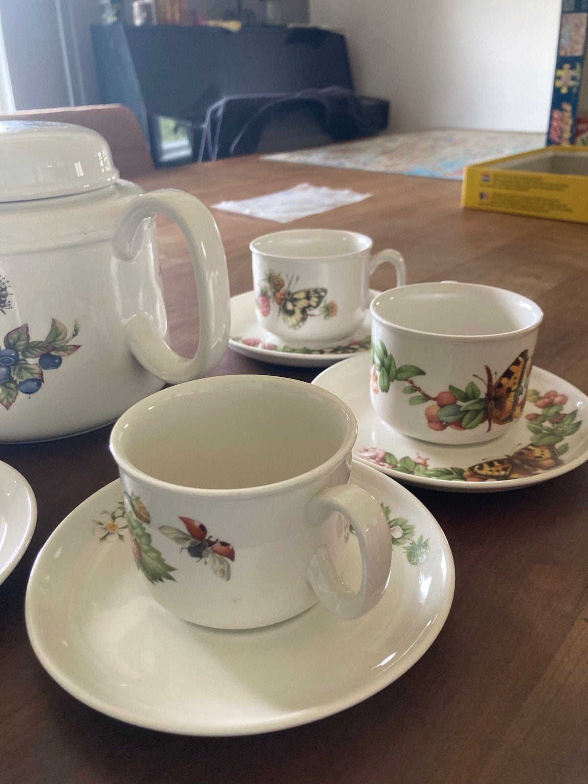 Vintage theeservies met insecten en bessen decoratie, Antiek en Kunst, Antiek | Servies los, Ophalen of Verzenden