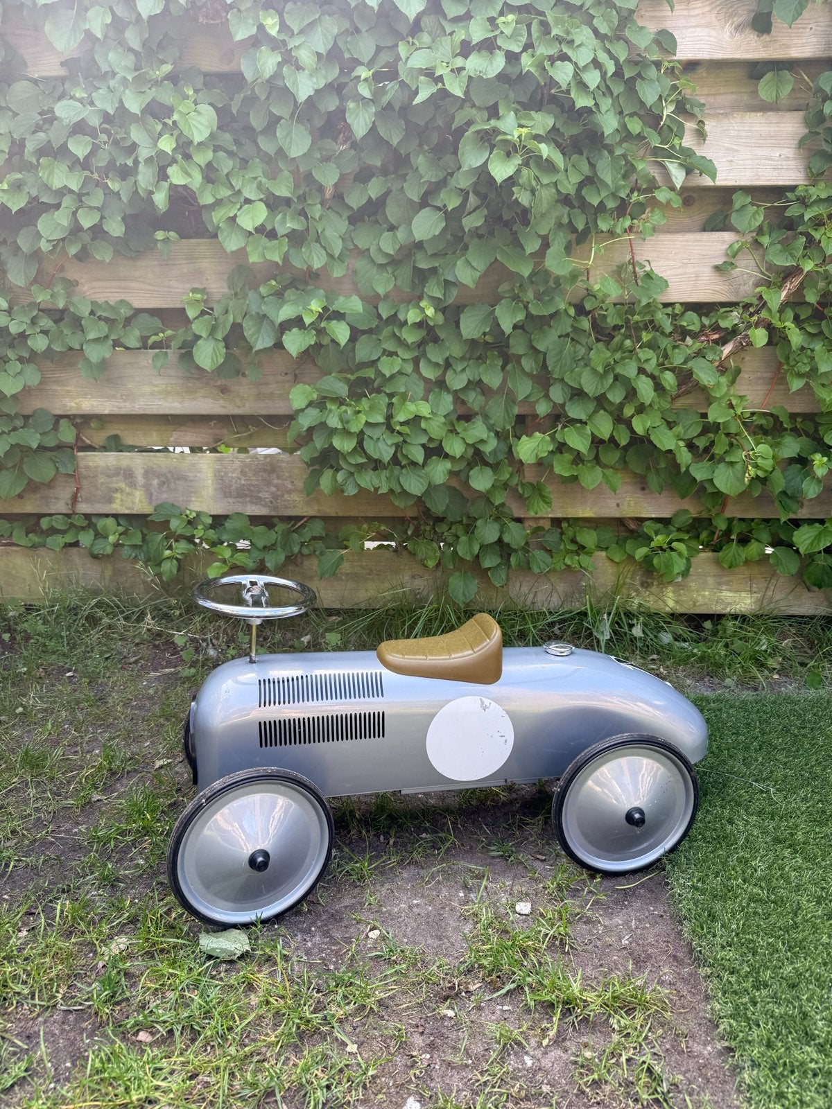 Vintage metal trapauto - zilveren raceauto, Ophalen, Gebruikt