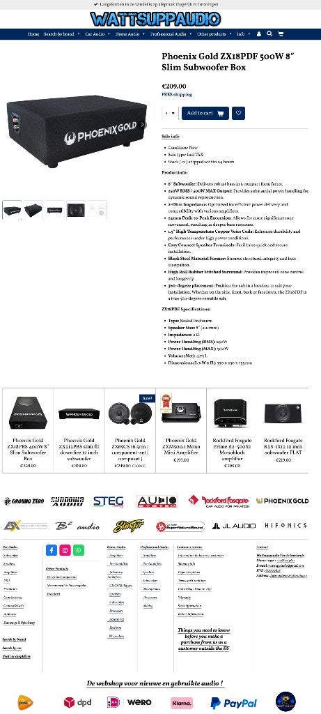 Phoenix Gold ZX18PDF 500W 8 inch Slim Subwoofer Box, Hifi-Focus, Aalsmeerderweg 173 1432 CL, Aalsmeer, Nieuw, Ophalen of Verzenden