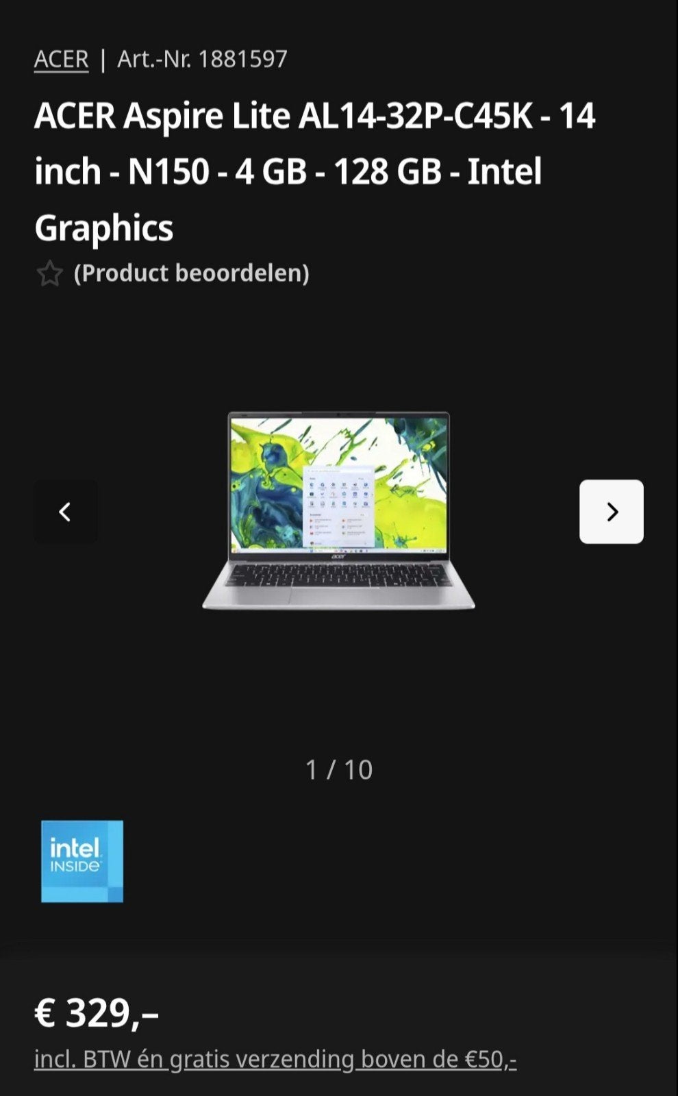 Acer Aspire Lite AL14-32P-C45K - 14 inch laptop, Ophalen, 14 inch, 2 tot 3 Ghz