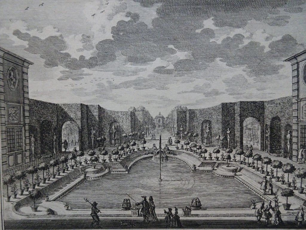 Ets tuin vanuit huis Zijdebalen Utrecht D. Stoopendaal, 1719, Ets, Ophalen of Verzenden, Origineel, Landschap