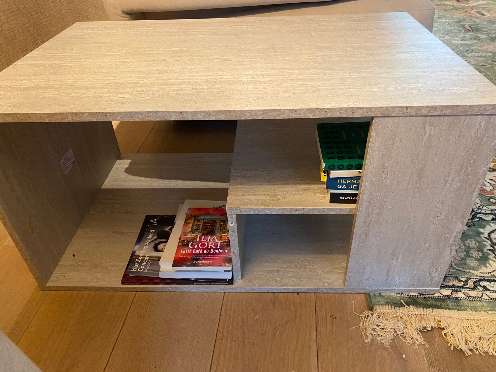 Salon (tussen) tafel travertin look, Ophalen, Zo goed als nieuw, Rechthoekig, 50 tot 100 cm