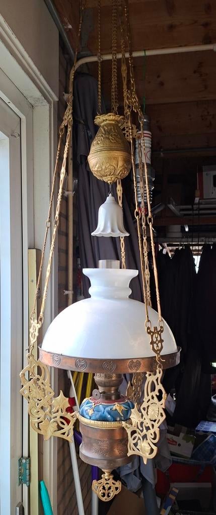 Antieke Hang Olielamp met Majolica Reservoir en Tafelbrander, Ophalen
