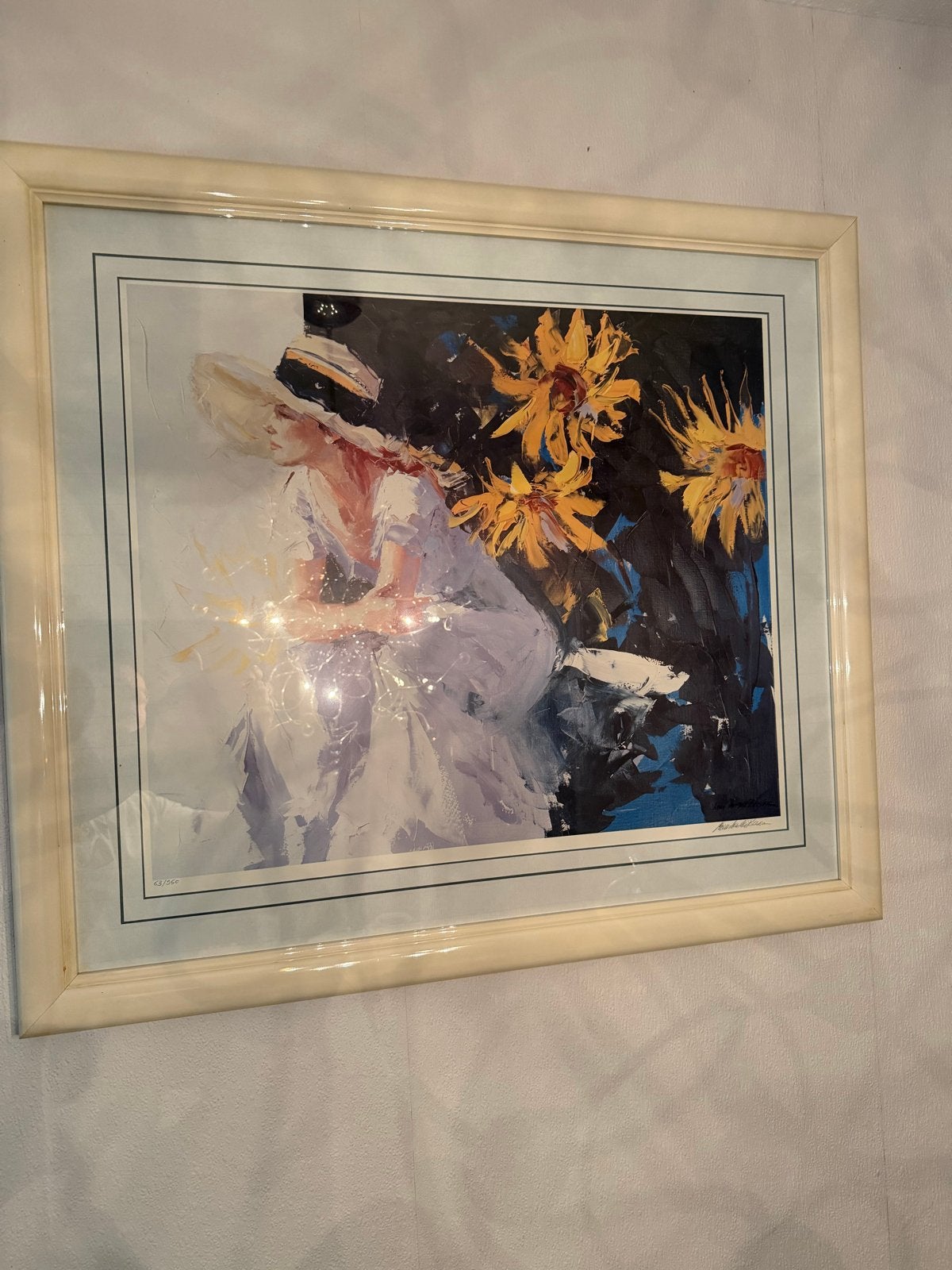 Schilderij Vrouw met Hoed en Zonnebloemen 100x80 cm, Ophalen of Verzenden, Ingelijst, Figuren