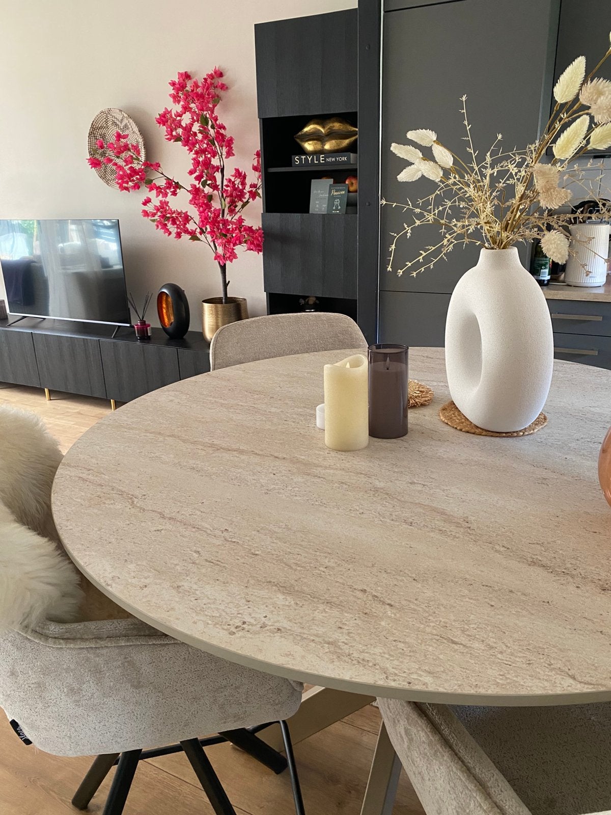 Hoge eettafel (counterhoogte 92cm) met 4 draaibare stoelen., Ophalen, Rond, Zo goed als nieuw, Vier personen