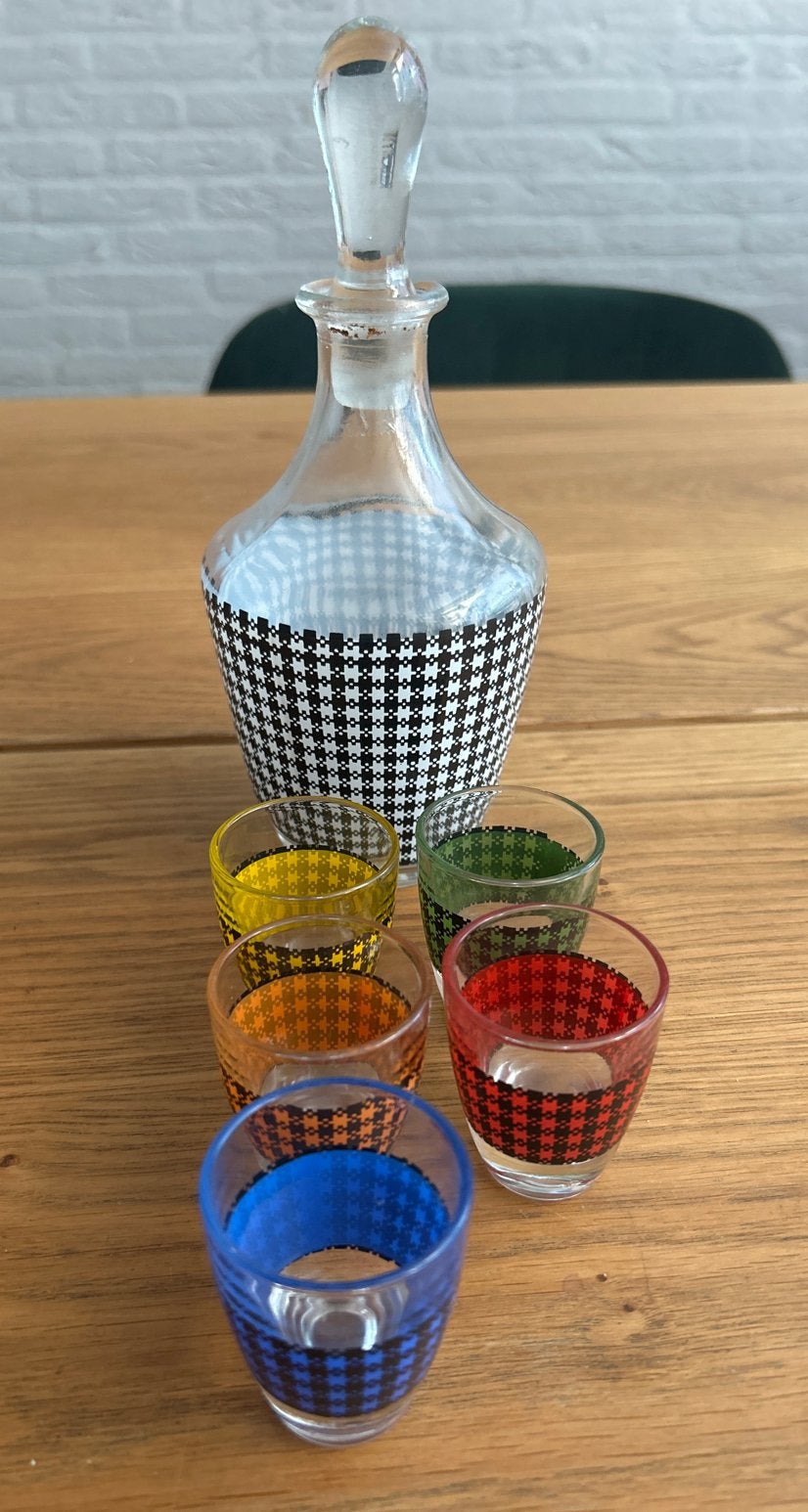 Vintage karaf met 5 borrelglaasjes - Schotse ruit, Antiek en Kunst, Antiek | Glas en Kristal, Ophalen of Verzenden