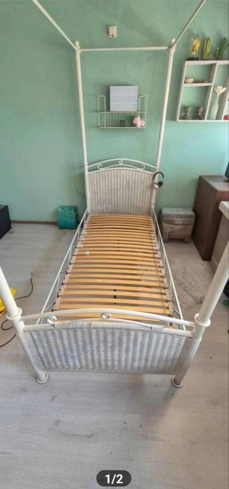 Hemelbed 90x200 - Wit metaal en riet, Huis en Inrichting, Slaapkamer | Bedden, Gebruikt, 90 cm, Eenpersoons, Wit