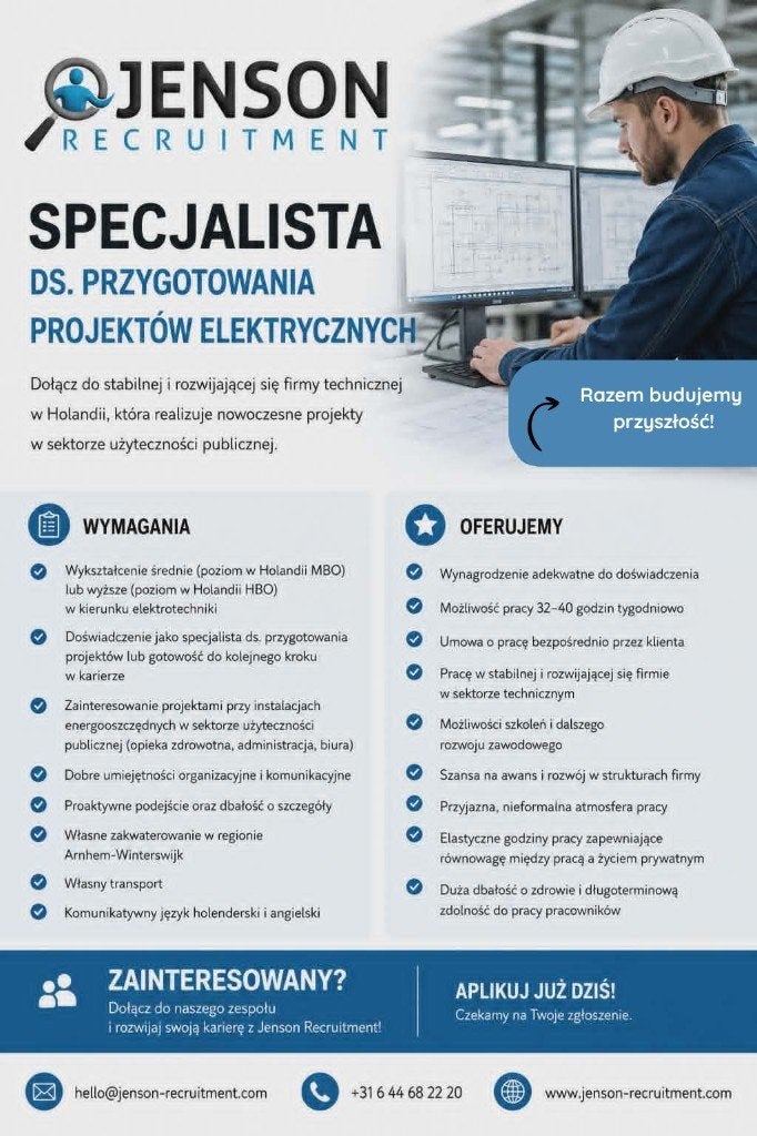 Specialista ds. przygotowania projektow elektrycznych, 33 - 40 uur, MBO, Vanaf 3 jaar, Vast contract