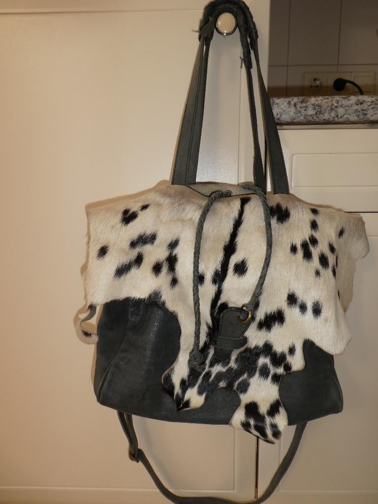 Chick on a Mission grote tas VINTAGE grijs leer koehuid flap, Verzenden, Zo goed als nieuw, Grijs, Shopper